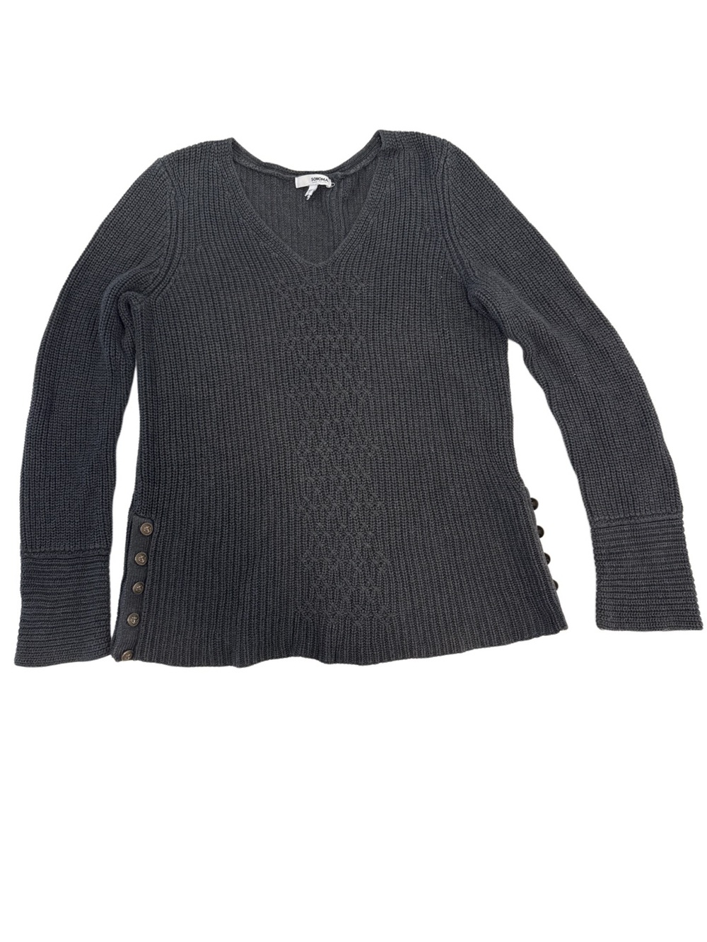 Sonoma Charcoal Ribbed V-Neck Sweater with Side Buttons